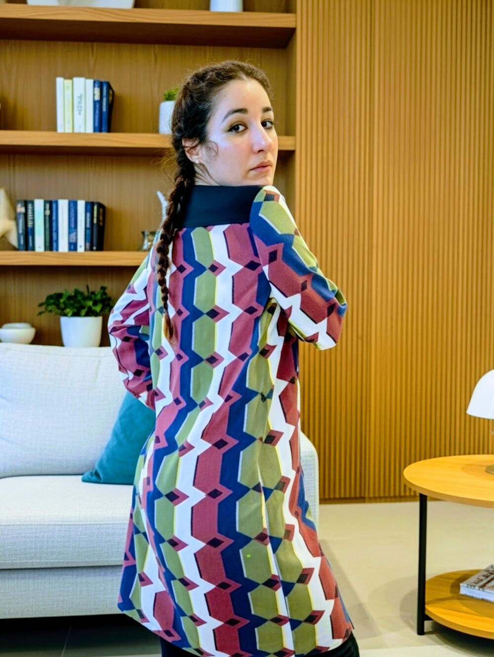 Metaphor Long Sleeve Geometric Dress - Burgundy, Navy, Cream